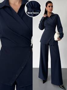 Firerie Navy Blue Lapel Wrap Waist Asymmetric Button Shirt + High Waist Wide Leg Long Pants Commuter 2 Pieces Set For Women - Navy Blue - View 2