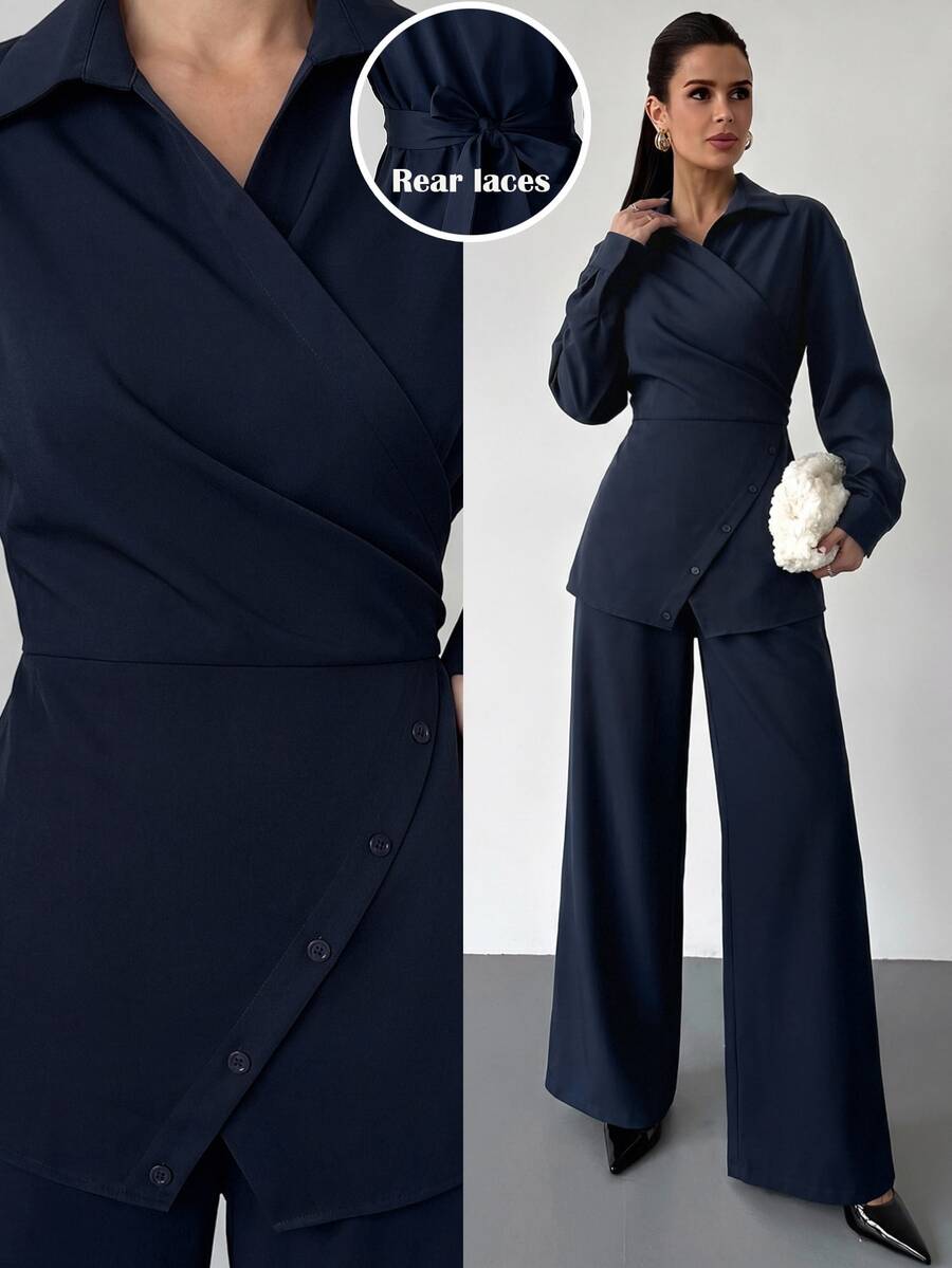 Firerie Navy Blue Lapel Wrap Waist Asymmetric Button Shirt + High Waist Wide Leg Long Pants Commuter 2 Pieces Set For Women