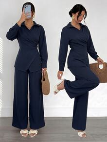 Firerie Navy Blue Lapel Wrap Waist Asymmetric Button Shirt + High Waist Wide Leg Long Pants Commuter 2 Pieces Set For Women - Navy Blue - View 8