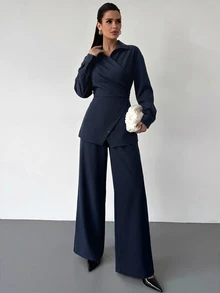 Firerie Navy Blue Lapel Wrap Waist Asymmetric Button Shirt + High Waist Wide Leg Long Pants Commuter 2 Pieces Set For Women - Navy Blue - View 7