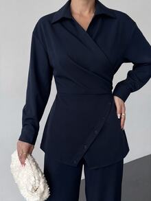 Firerie Navy Blue Lapel Wrap Waist Asymmetric Button Shirt + High Waist Wide Leg Long Pants Commuter 2 Pieces Set For Women - Navy Blue - View 3