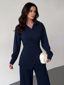 Firerie Navy Blue Lapel Wrap Waist Asymmetric Button Shirt + High Waist Wide Leg Long Pants Commuter 2 Pieces Set For Women - Navy Blue - View 4