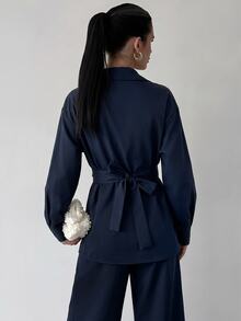 Firerie Navy Blue Lapel Wrap Waist Asymmetric Button Shirt + High Waist Wide Leg Long Pants Commuter 2 Pieces Set For Women - Navy Blue - View 5
