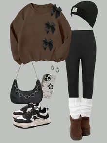 Elladie kids Gemütlicher Herbst- & Winterstil, Lässig Mode für Kleine Mädchen, kreative, erfrischende, minimalistische, süße Sweatshirt- und Leggings-Outfit-Kollektion mit Schleifenmuster in Schwarz, bequemer Zweiteiler - Verschiedenfarbig - Übersicht 4