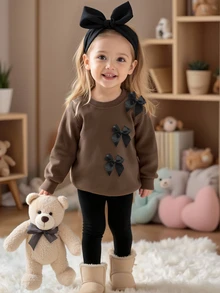 Elladie kids Gemütlicher Herbst- & Winterstil, Lässig Mode für Kleine Mädchen, kreative, erfrischende, minimalistische, süße Sweatshirt- und Leggings-Outfit-Kollektion mit Schleifenmuster in Schwarz, bequemer Zweiteiler - Verschiedenfarbig - Übersicht 5