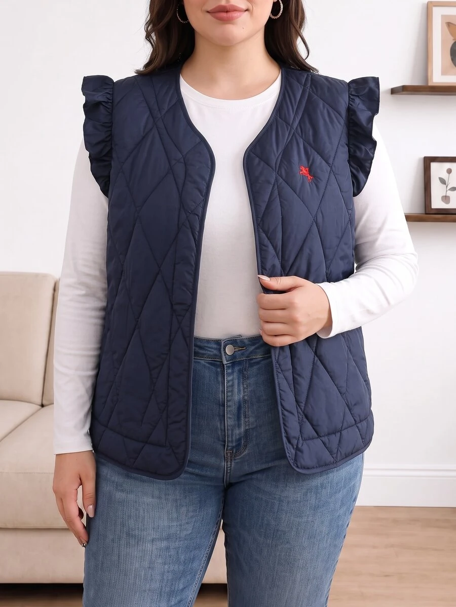 CosyJoli Plus Size Casual Elegant Cap Sleeve Diamond Pattern Padded Vest Jacket Daily Going Out Party For Women Autumn Office Work Navy