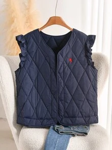 CosyJoli Plus Size Casual Elegant Cap Sleeve Diamond Pattern Padded Vest Jacket Daily Going Out Party For Women Autumn Office Work Navy - Navy Blue - View 4