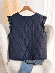 CosyJoli Plus Size Casual Elegant Cap Sleeve Diamond Pattern Padded Vest Jacket Daily Going Out Party For Women Autumn Office Work Navy - Navy Blue - View 5