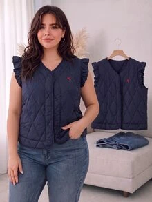 CosyJoli Plus Size Casual Elegant Cap Sleeve Diamond Pattern Padded Vest Jacket Daily Going Out Party For Women Autumn Office Work Navy - Navy Blue - View 3