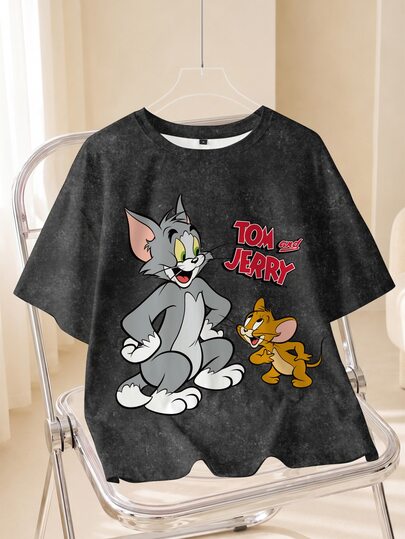 TOM & JERRY X SHEIN Men's Fashion Cartoon Pattern Print Crew Neck Short Sleeve T-Shirt