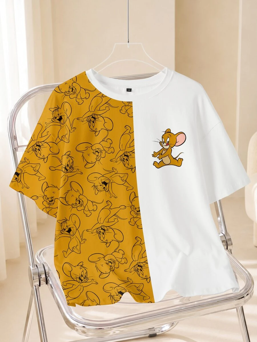 TOM & JERRY X SHEIN Men's Summer Casual Colorblock Patchwork Cartoon Print T-Shirt - White - View 1
