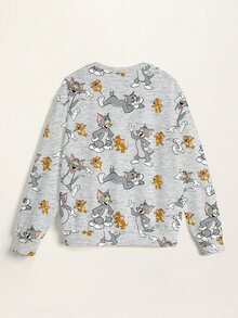 TOM & JERRY X SHEIN Women's Cartoon Print Round Neck Long Sleeve Casual Sweatshirt - White - View 4