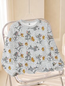TOM & JERRY X SHEIN Women's Cartoon Print Round Neck Long Sleeve Casual Sweatshirt - White - View 1
