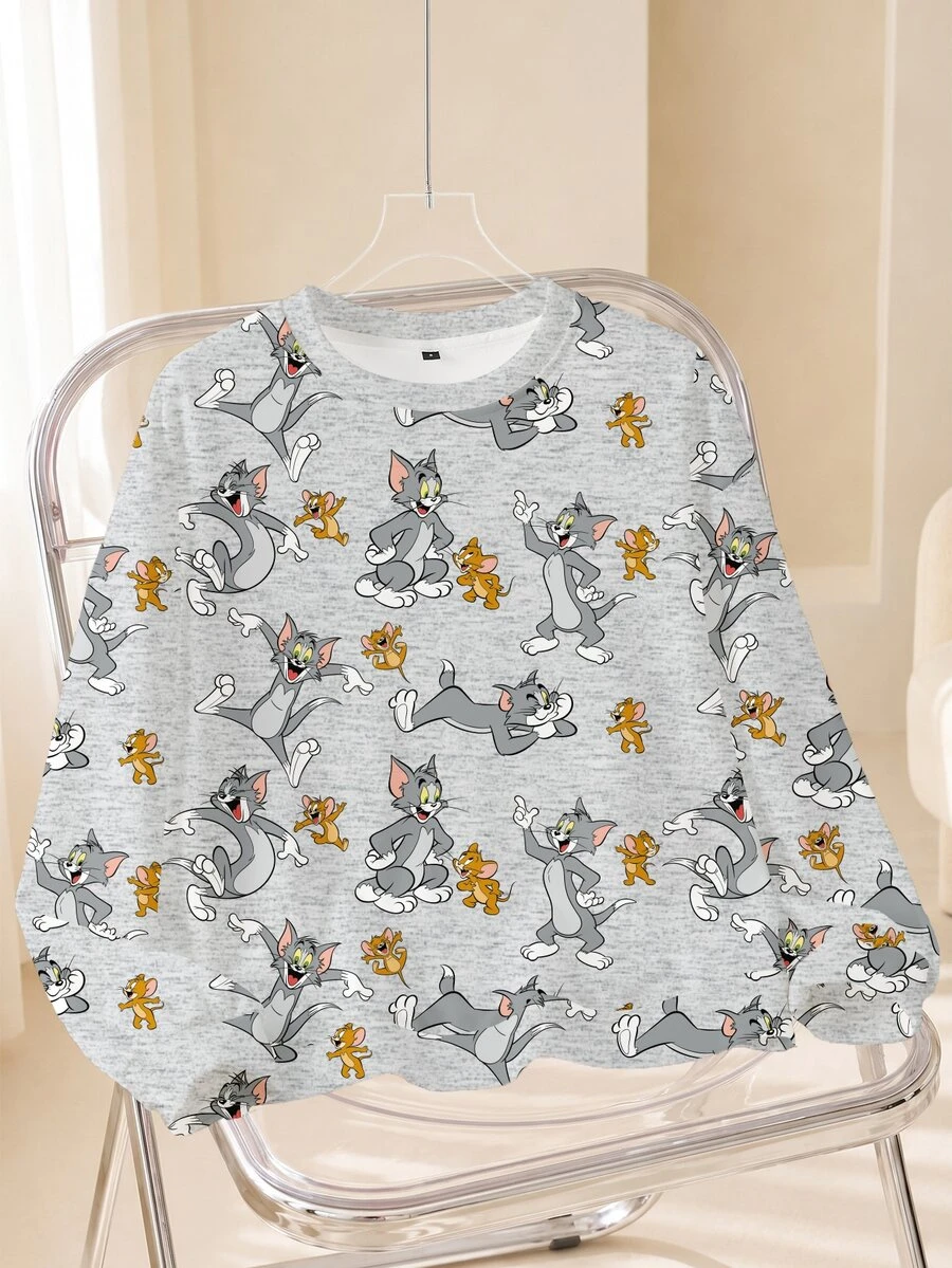TOM & JERRY X SHEIN Women's Cartoon Print Round Neck Long Sleeve Casual Sweatshirt - White - View 1