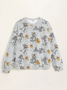 TOM & JERRY X SHEIN Women's Cartoon Print Round Neck Long Sleeve Casual Sweatshirt - White - View 3