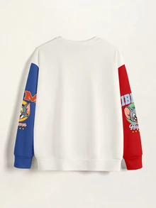 TOM & JERRY X SHEIN 男士字母與卡通印花圓領長袖休閒寬鬆套頭運動衫 - 白色 - 查看 4