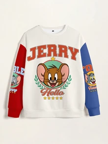 TOM & JERRY X SHEIN 男士字母與卡通印花圓領長袖休閒寬鬆套頭運動衫 - 白色 - 查看 3