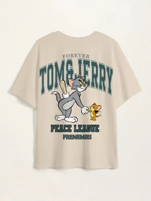 TOM & JERRY X SHEIN Men's Summer Casual Cartoon Letter Print T-Shirt - White - View 3