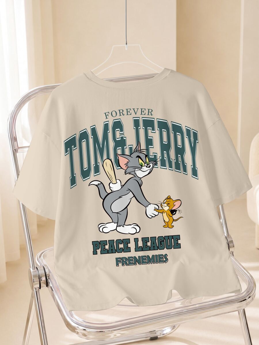 TOM & JERRY X SHEIN Men's Summer Casual Cartoon Letter Print T-Shirt - White - View 1