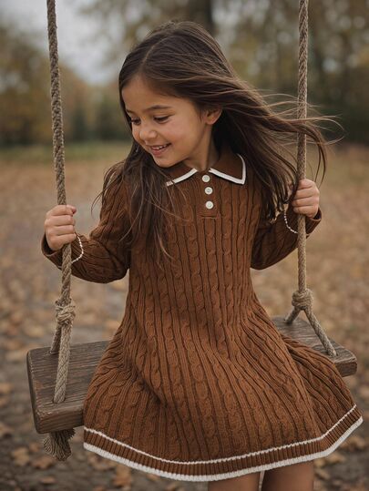 SHEIN Young Girl Young Girl Oversized Casual & Comfortable Contrast Color Ruffle Collar Bow Decor Knitted Sweate