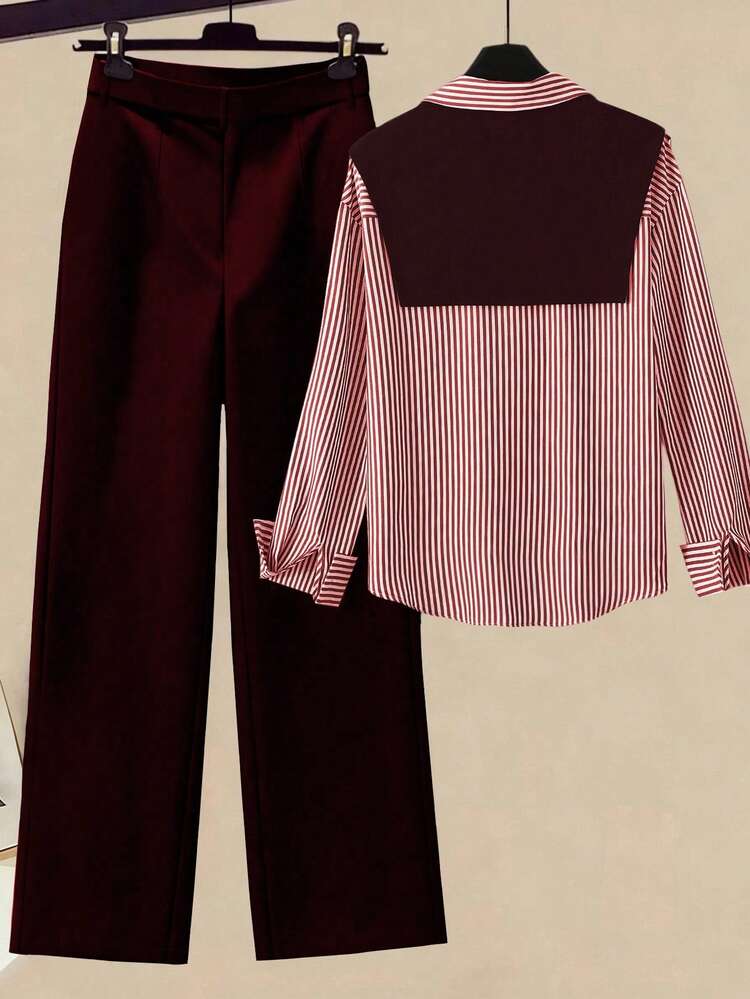 Franclia 2pcs/Set Women's Striped Shawl Collar Shirt And High Waist Wide Leg Pants, Spring/Autumn - Multicolor - View 2