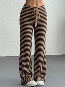SHEIN EZwear بنطلون طويل محبوك بخطوط وخصر برباط كاجوال للنساء - قهوة بني - مشاهدة 7