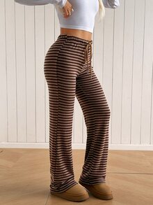 SHEIN EZwear بنطلون طويل محبوك بخطوط وخصر برباط كاجوال للنساء - قهوة بني - مشاهدة 4