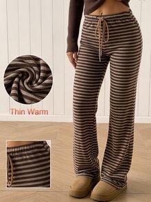 SHEIN EZwear بنطلون طويل محبوك بخطوط وخصر برباط كاجوال للنساء - قهوة بني - مشاهدة 1