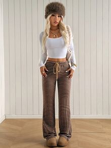 SHEIN EZwear بنطلون طويل محبوك بخطوط وخصر برباط كاجوال للنساء - قهوة بني - مشاهدة 5