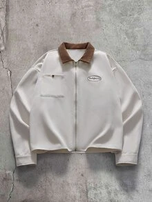 AXEPEAK Men's Letter Embroidered Contrast Color Lapel Long Sleeve Zipper Placket Shirt - Apricot - View 1