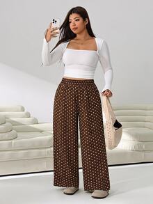 Solflare Brown Polka Dot Plus Size Wide Leg Pants - Brown - View 5