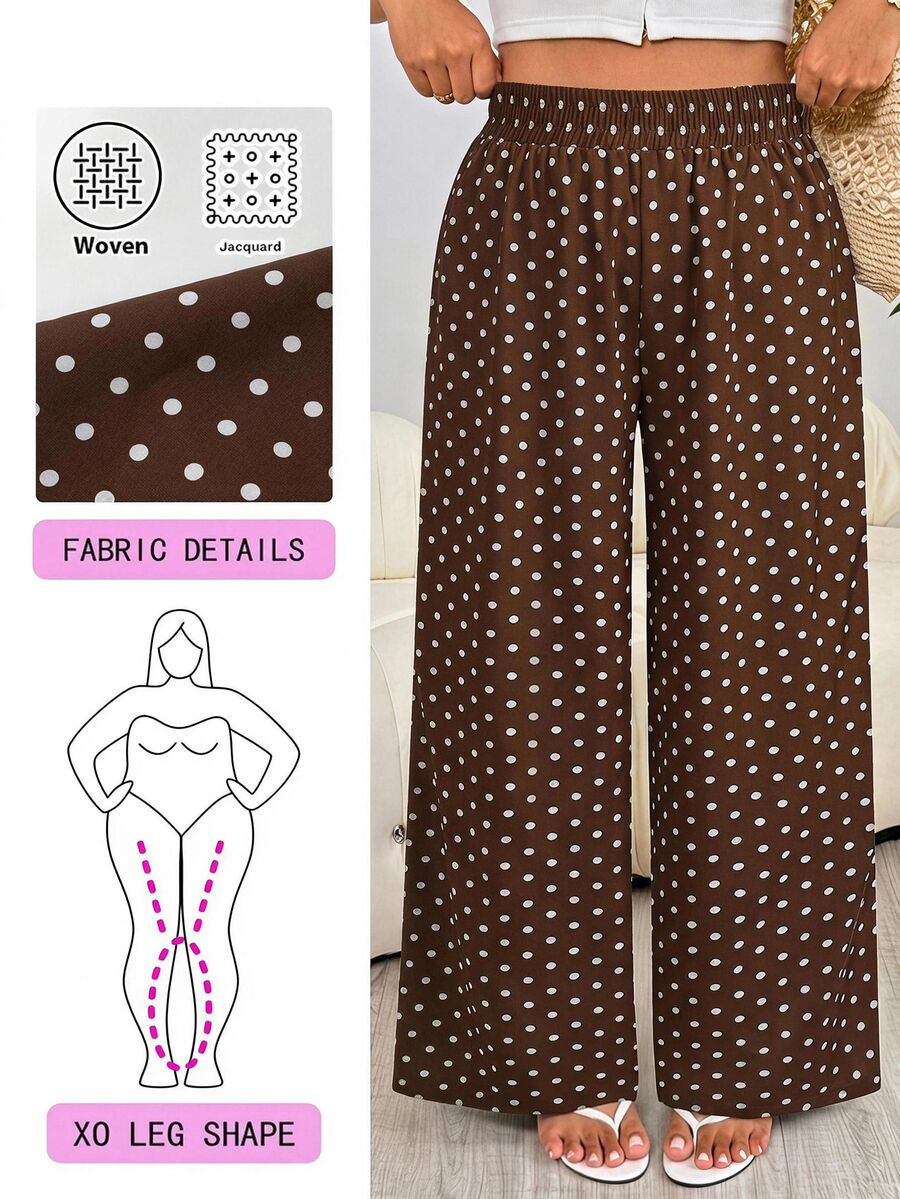 Solflare Brown Polka Dot Plus Size Wide Leg Pants - Brown - View 1