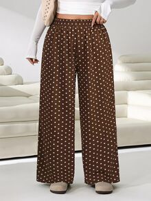 Solflare Brown Polka Dot Plus Size Wide Leg Pants - Brown - View 3
