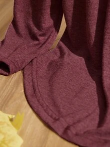 SHEIN LUNE Women's Casual Burgundy Autumn T-Shirt Button Back Curved Hem Long Sleeve Tops,Everyday Fall Gray Blouse Solid Color Tee Clothes - Maroon - View 3