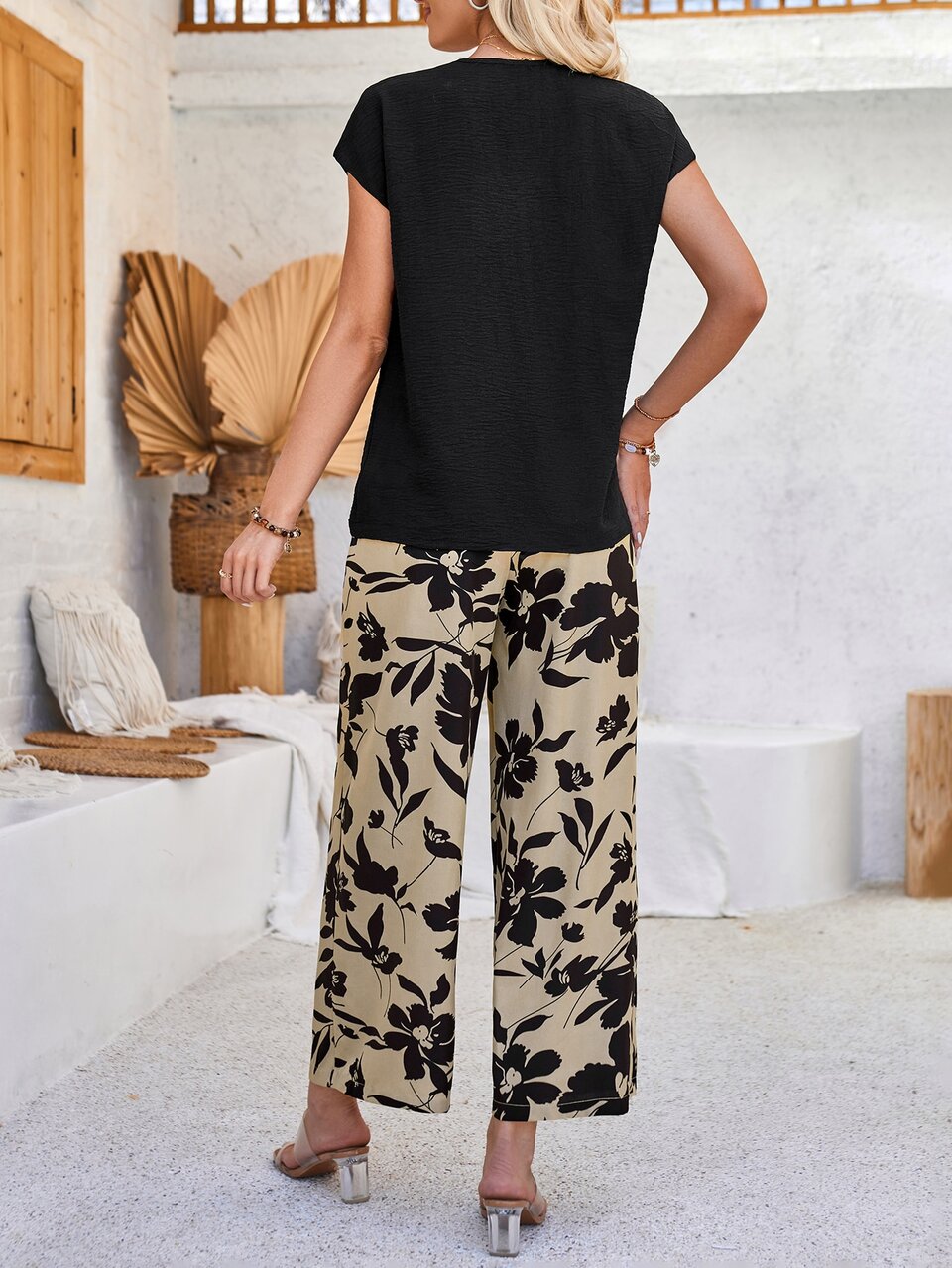 V-Neck Batwing Sleeve Top And Floral Print Pants Set