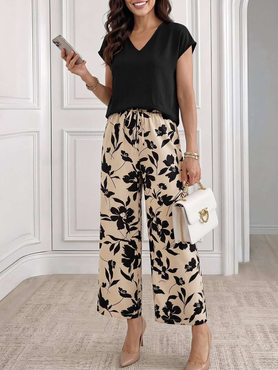 V-Neck Batwing Sleeve Top And Floral Print Pants Set