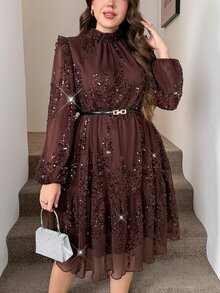 SHEIN LUNE 大尺碼女款純色亮片立領燈籠袖優雅洋裝 巧克力棕色秋季派對禮服 雞尾酒會婚禮賓客亮片洋裝 - 咖啡棕 - 查看 3