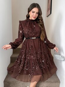 SHEIN LUNE 大尺碼女款純色亮片立領燈籠袖優雅洋裝 巧克力棕色秋季派對禮服 雞尾酒會婚禮賓客亮片洋裝 - 咖啡棕 - 查看 1