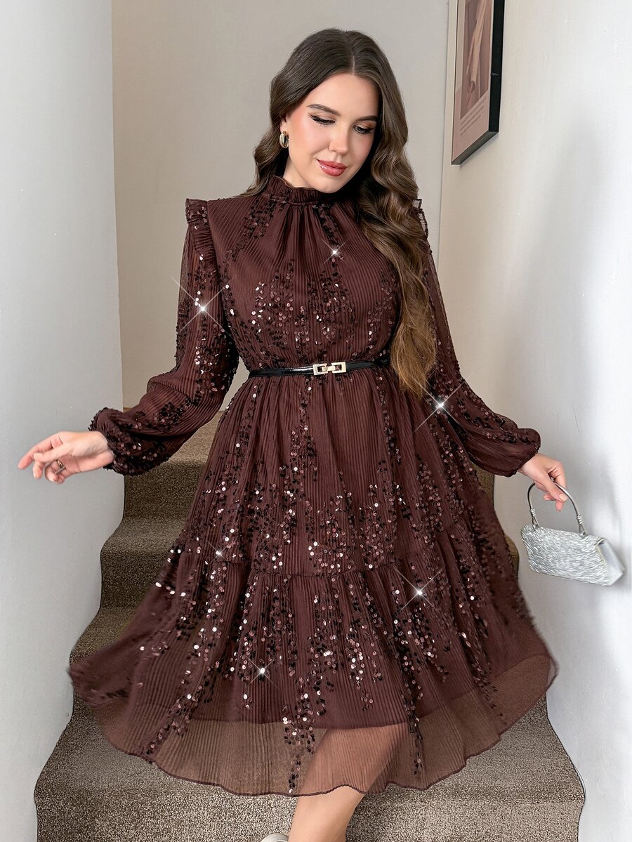SHEIN LUNE 大尺碼女款純色亮片立領燈籠袖優雅洋裝 巧克力棕色秋季派對禮服 雞尾酒會婚禮賓客亮片洋裝 - 咖啡棕 - 查看 1