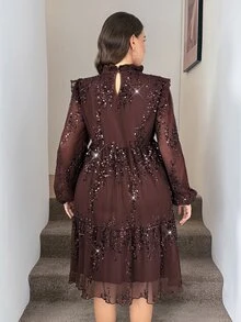 SHEIN LUNE 大尺碼女款純色亮片立領燈籠袖優雅洋裝 巧克力棕色秋季派對禮服 雞尾酒會婚禮賓客亮片洋裝 - 咖啡棕 - 查看 6