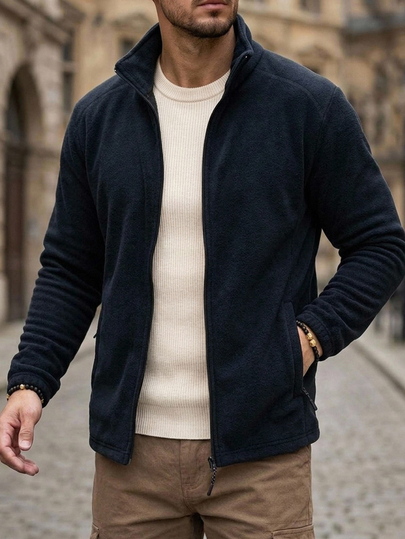 DAZY Men's Navy Blue Suede Fabric Slightly Loose Fit Regular Shoulder Elastic Cuff Jacket And Outerwear