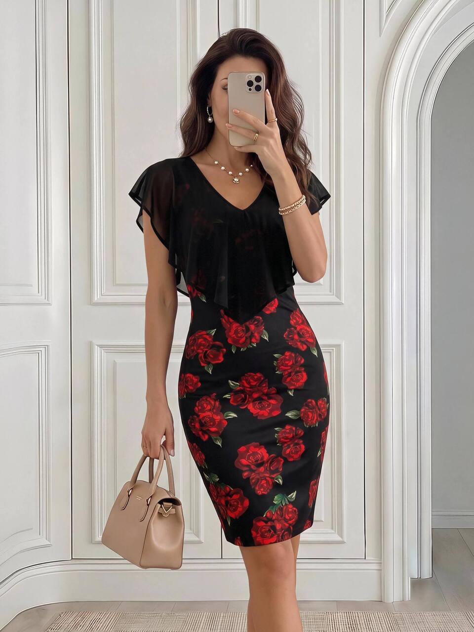 Valentine's Day Women's Floral Print Ruffle Trim Fitted Dress For Spring