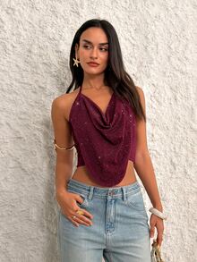 Firerie Solid Concert Draped Front Backless Party Halter Top - Burgundy - View 8