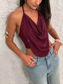 Firerie Solid Concert Draped Front Backless Party Halter Top - Burgundy - View 11