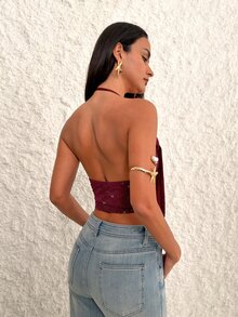 Firerie Solid Concert Draped Front Backless Party Halter Top - Burgundy - View 10