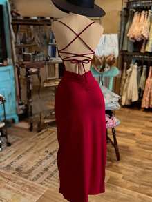 NostaNoir Women's Fashionable Solid Color Slit Dress - Red - View 2