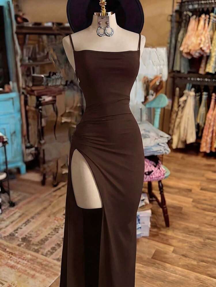 EMERY ROSE Women's Fashionable Solid Color Slit Dress - Coffee - View 3