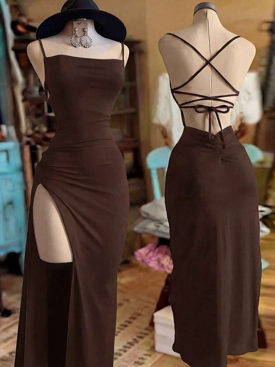 EMERY ROSE Women's Fashionable Solid Color Slit Dress - Coffee - View 1