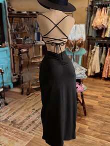 NostaNoir Women's Fashion Solid Color Slit Dress - Black - View 2