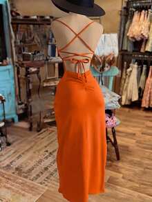 NostaNoir Vestido con abertura de unicolor de moda para mujer - Naranja - Ver 2